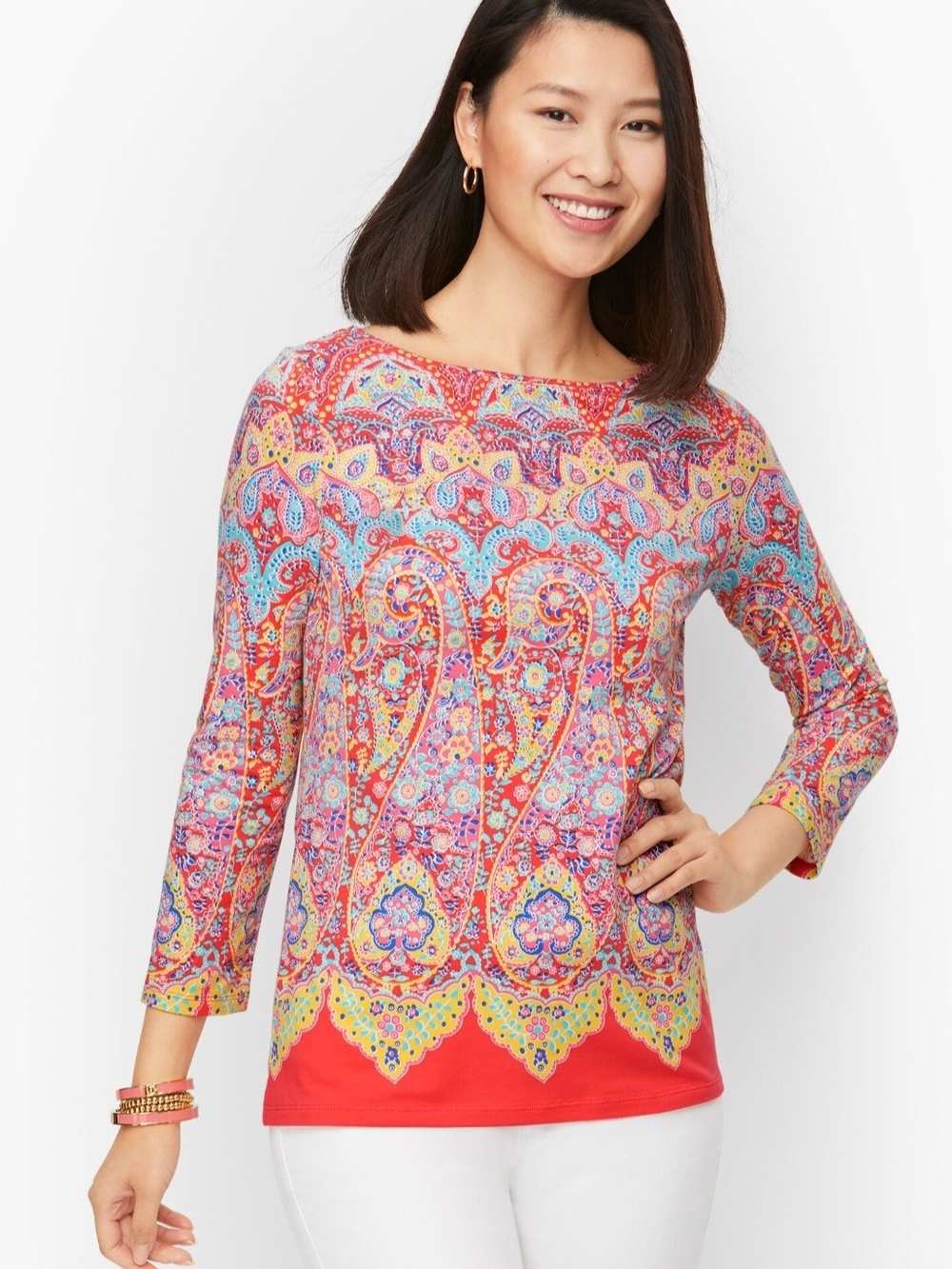 Talbots Multicolor Paisley Boatneck Top in Red